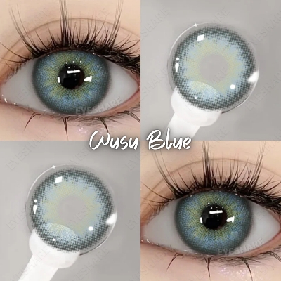 Picture of New Eyeshare Wusu Blue Color contact lens with regular kit box for men & women. 1 pair Eyeshare Color contact lens for eye makeup and Cosmetics. Eyeshare Wusu Series. #Wusu