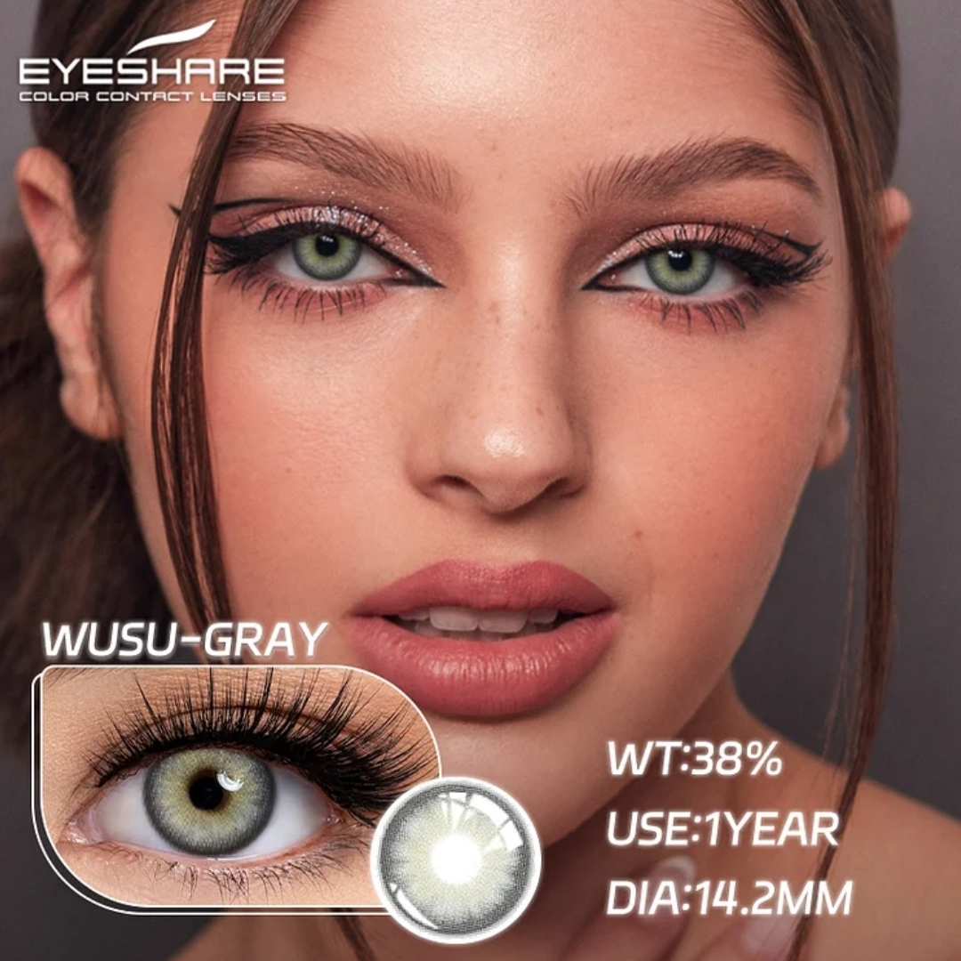 Picture of New Eyeshare Wusu Gray Color contact lens with regular kit box for men & women. 1 pair Eyeshare Color contact lens for eye makeup and Cosmetics. Eyeshare Wusu Series. #wusu