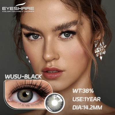 Picture of New Eyeshare Wusu Black Color contact lens with regular kit box for men & women. 1 pair Eyeshare Color contact lens for eye makeup and Cosmetics. Eyeshare Wusu Series. #wusu