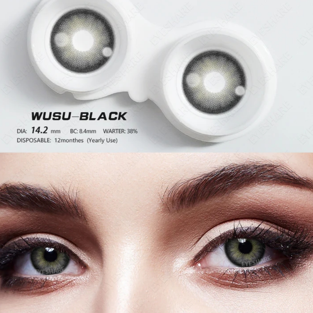 Picture of New Eyeshare Wusu Black Color contact lens with regular kit box for men & women. 1 pair Eyeshare Color contact lens for eye makeup and Cosmetics. Eyeshare Wusu Series. #wusu