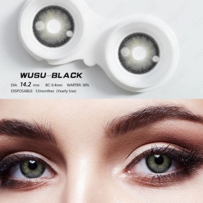Picture of New Eyeshare Wusu Black Color contact lens with regular kit box for men & women. 1 pair Eyeshare Color contact lens for eye makeup and Cosmetics. Eyeshare Wusu Series. #wusu