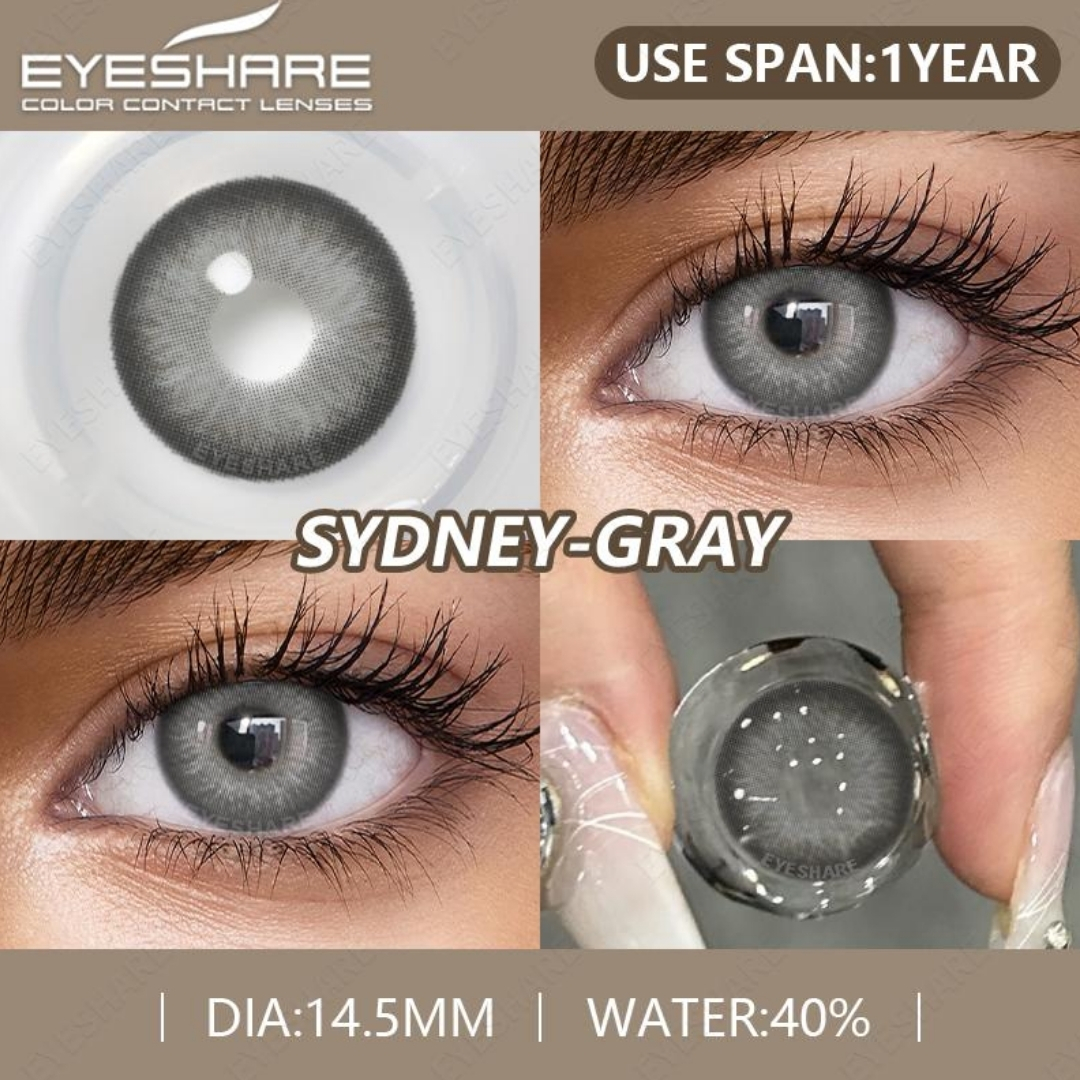 Picture of New Eyeshare Sydney Gray Color contact lens with regular kit box for men & women. 1 pair Eyeshare Color contact lens for eye makeup and Cosmetics. Eyeshare Sydney Series. #sydney