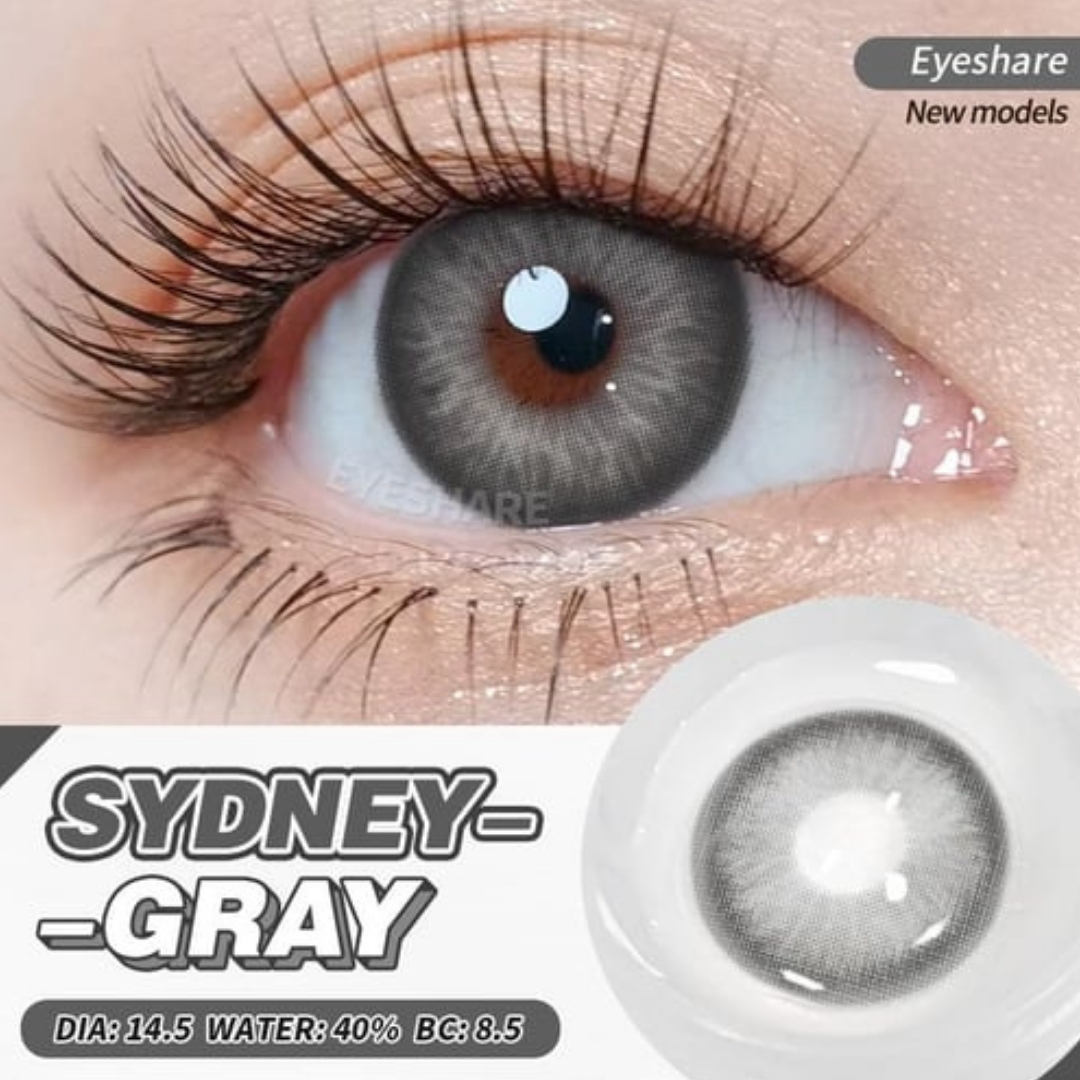 Picture of New Eyeshare Sydney Gray Color contact lens with regular kit box for men & women. 1 pair Eyeshare Color contact lens for eye makeup and Cosmetics. Eyeshare Sydney Series. #sydney