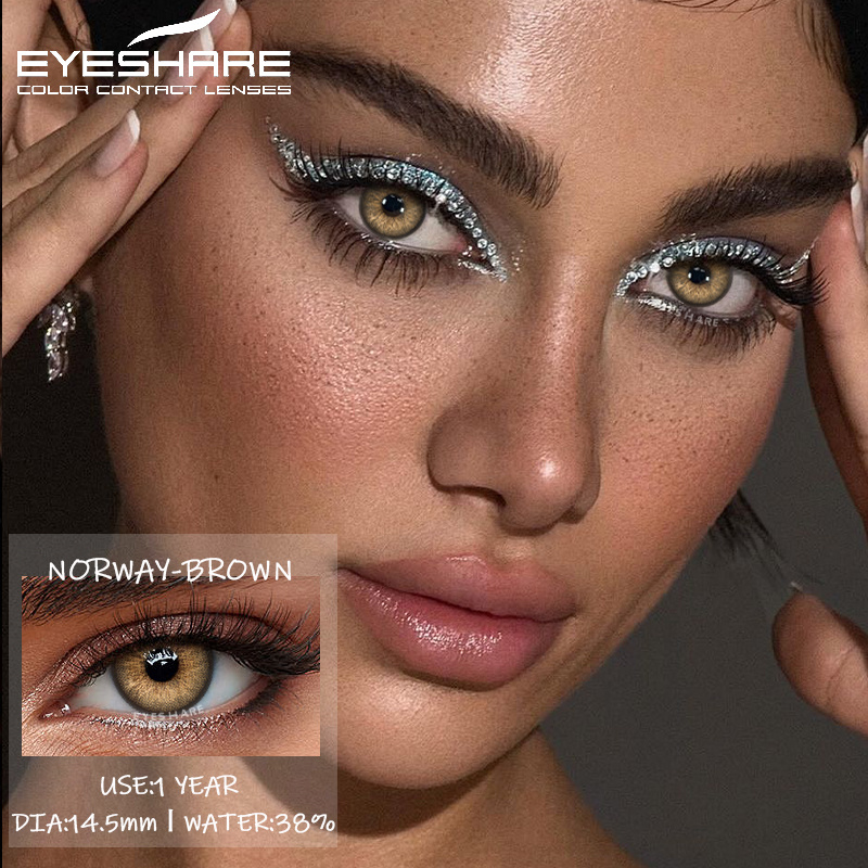 Picture of New Eyeshare Norway Brown Color contact lens with regular kit box for men & women. 1 pair Eyeshare Color contact lens for eye makeup and Cosmetics. Eyeshare Norway Series. #Norway