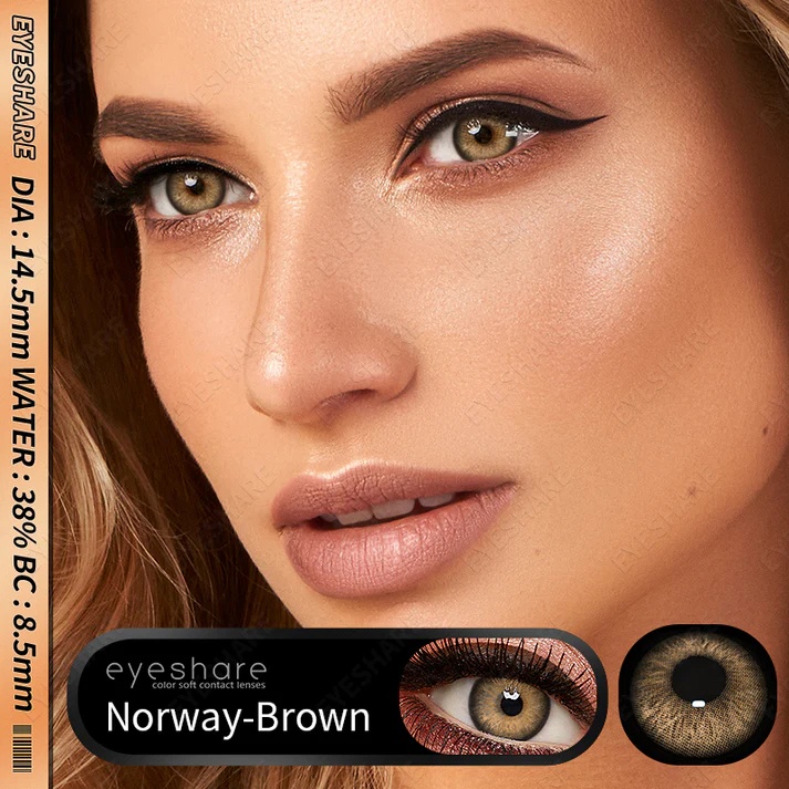 Picture of New Eyeshare Norway Brown Color contact lens with regular kit box for men & women. 1 pair Eyeshare Color contact lens for eye makeup and Cosmetics. Eyeshare Norway Series. #Norway