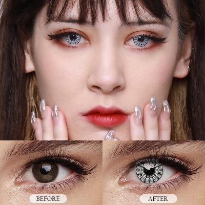 Picture of HALLOWEEN Exclusive Spider Web White Color Contact Lenses For Cosplay,Halloween Party, And Costumes.1pair Spider web White Color contact Lens with Regular Kit Box. #spi.der.White
