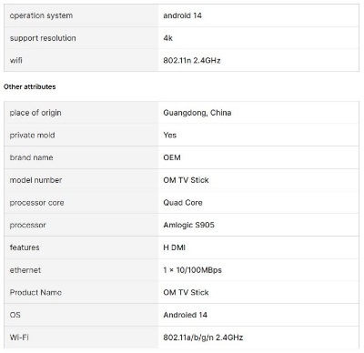 Picture of OM TV Stick Android 13 Amlogic S905 Quad Core 4k 2.4G Wifi Media Tv Stick with IR Remote