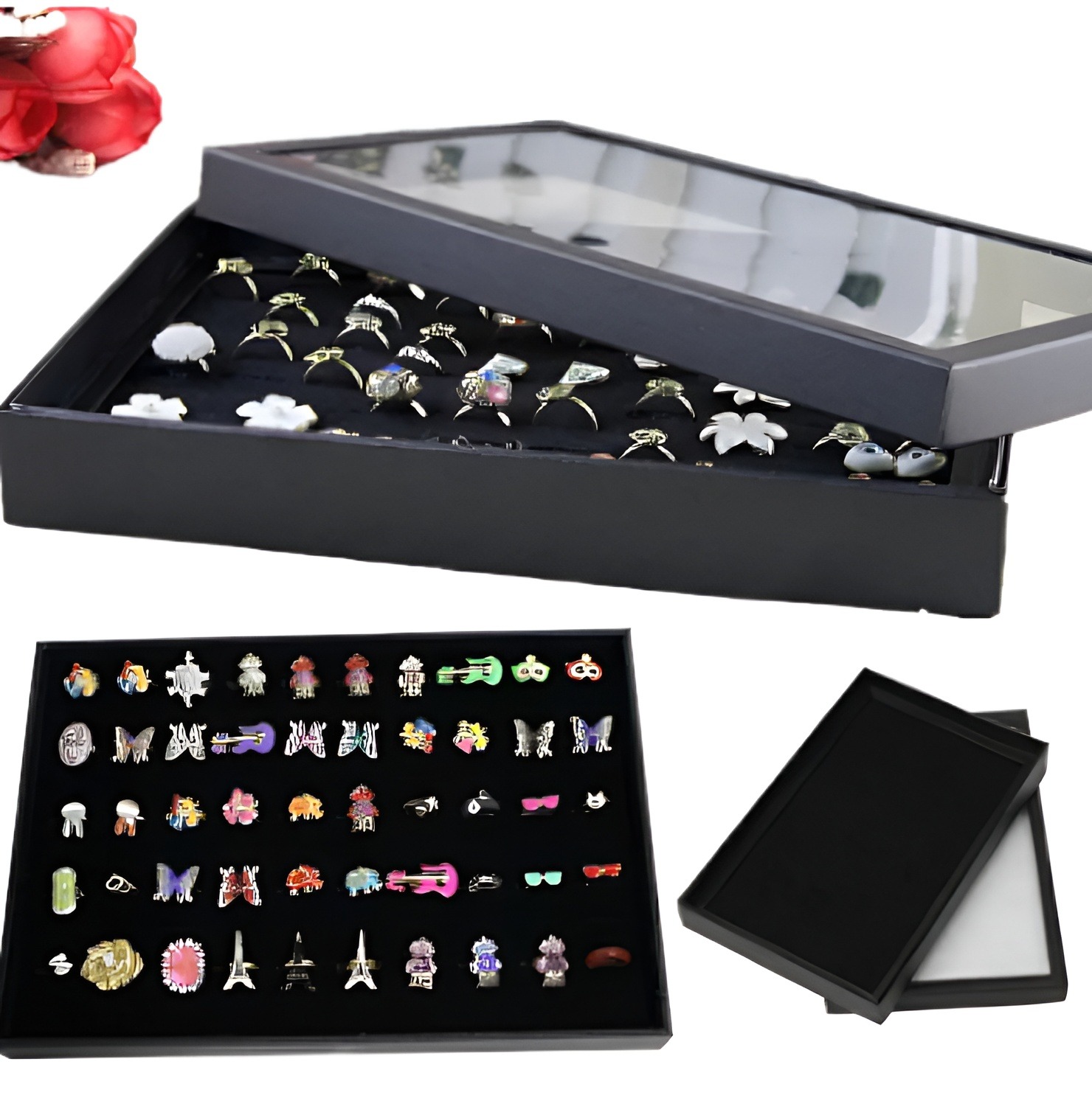 Picture of 100 Slot Black Velvet Jewelry Ring Case Display Store Storage Box Tray Organizer