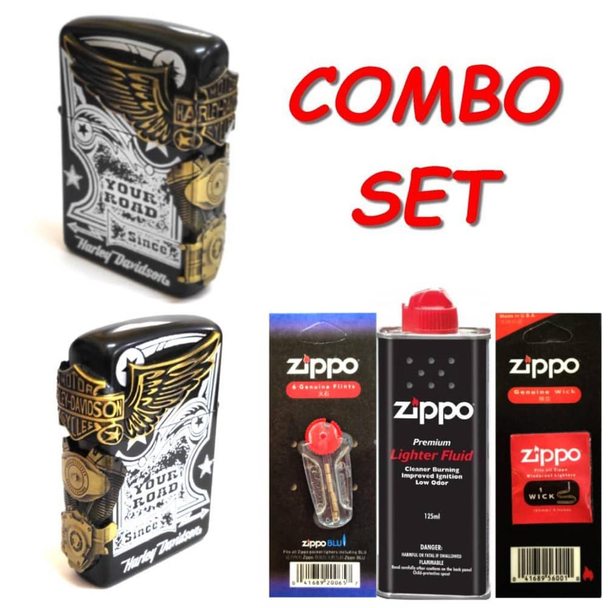 Picture of O riginal ZIPPO Set (Lighter oil 125ml+ Flints 6pcs + Wick 1pc) + Black Harley Davids OIL Lighter