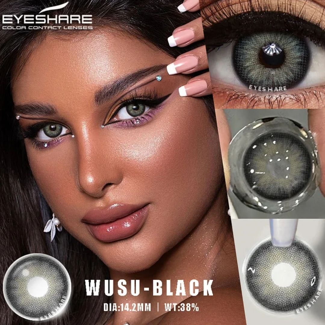 Picture of New Eyeshare Wusu Black Color contact lens with regular kit box for men & women. 1 pair Eyeshare Color contact lens for eye makeup and Cosmetics. Eyeshare Wusu Series. #wusu
