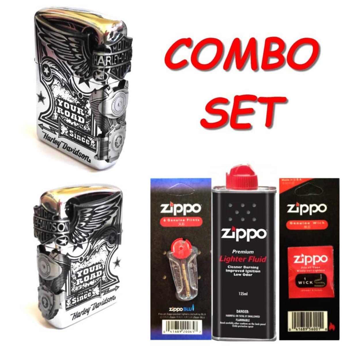 Picture of New 2022 ZIPPO Set (Lighter oil 125ml+ Flints 6pcs + Wick 1pc) + Silver Harley Davids OIL Lighter