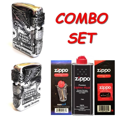 Picture of New 2022 ZIPPO Set (Lighter oil 125ml+ Flints 6pcs + Wick 1pc) + Silver Harley Davids OIL Lighter