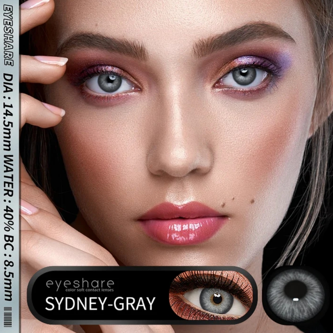Picture of New Eyeshare Sydney Gray Color contact lens with regular kit box for men & women. 1 pair Eyeshare Color contact lens for eye makeup and Cosmetics. Eyeshare Sydney Series. #sydney