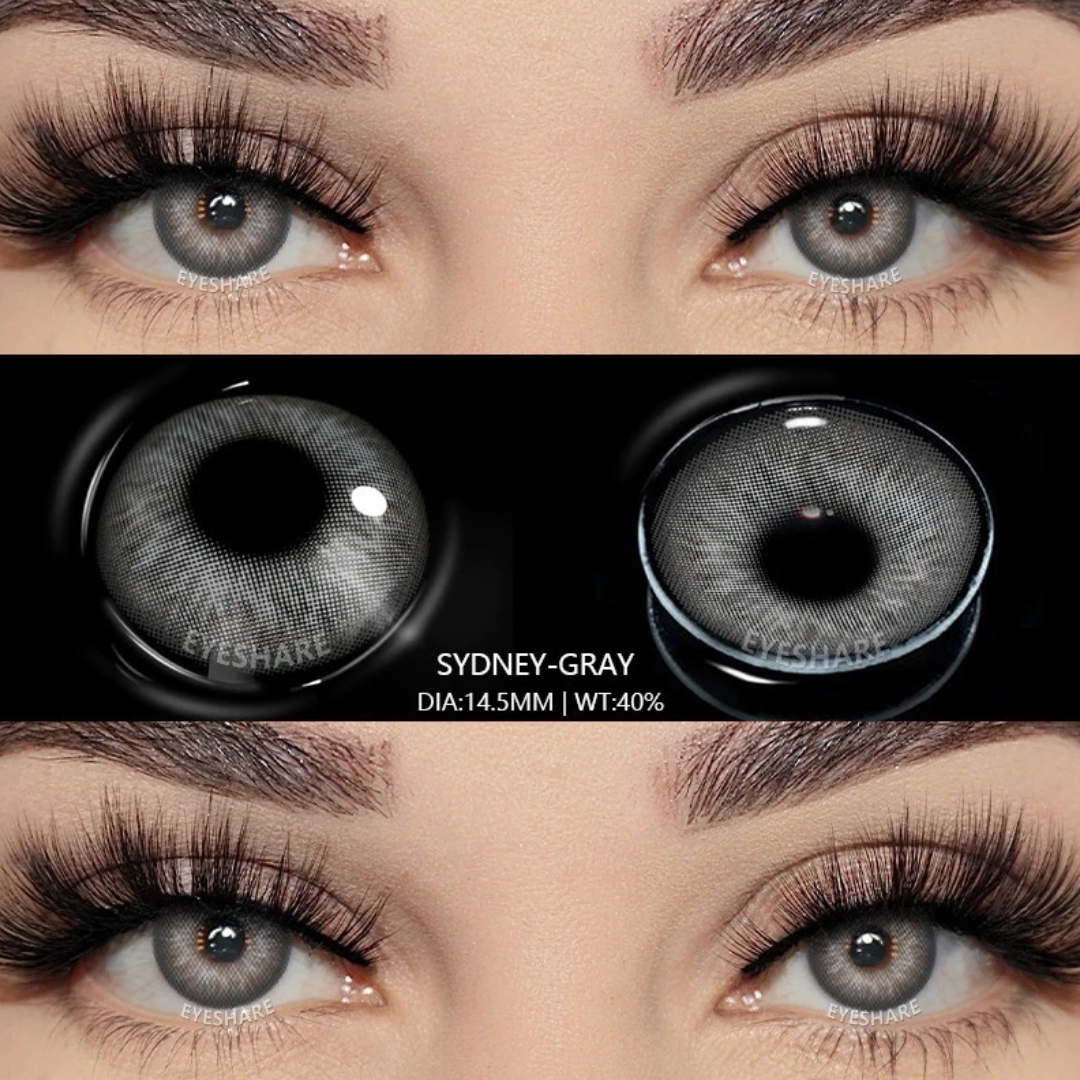 Picture of New Eyeshare Sydney Gray Color contact lens with regular kit box for men & women. 1 pair Eyeshare Color contact lens for eye makeup and Cosmetics. Eyeshare Sydney Series. #sydney