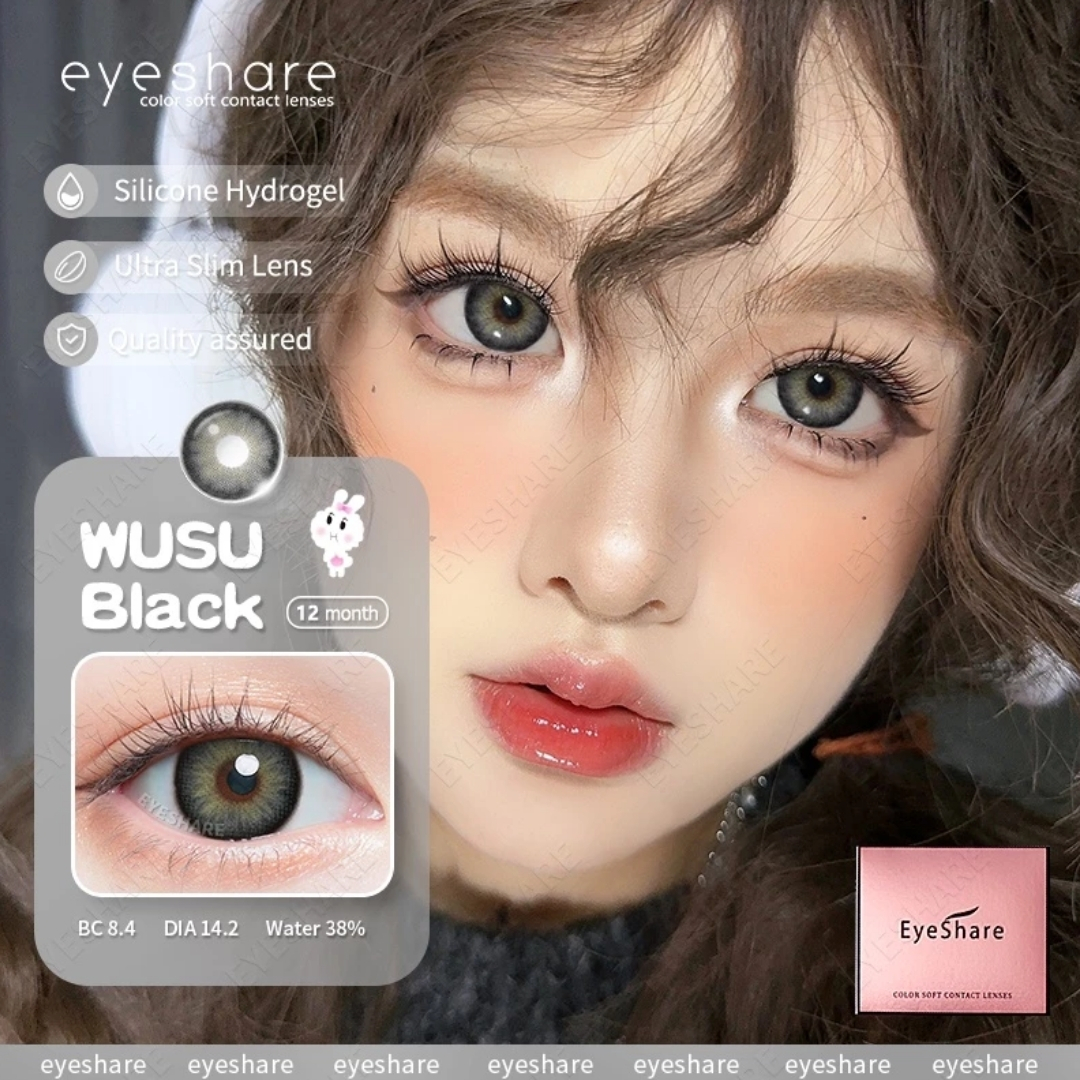 Picture of New Eyeshare Wusu Black Color contact lens with regular kit box for men & women. 1 pair Eyeshare Color contact lens for eye makeup and Cosmetics. Eyeshare Wusu Series. #wusu