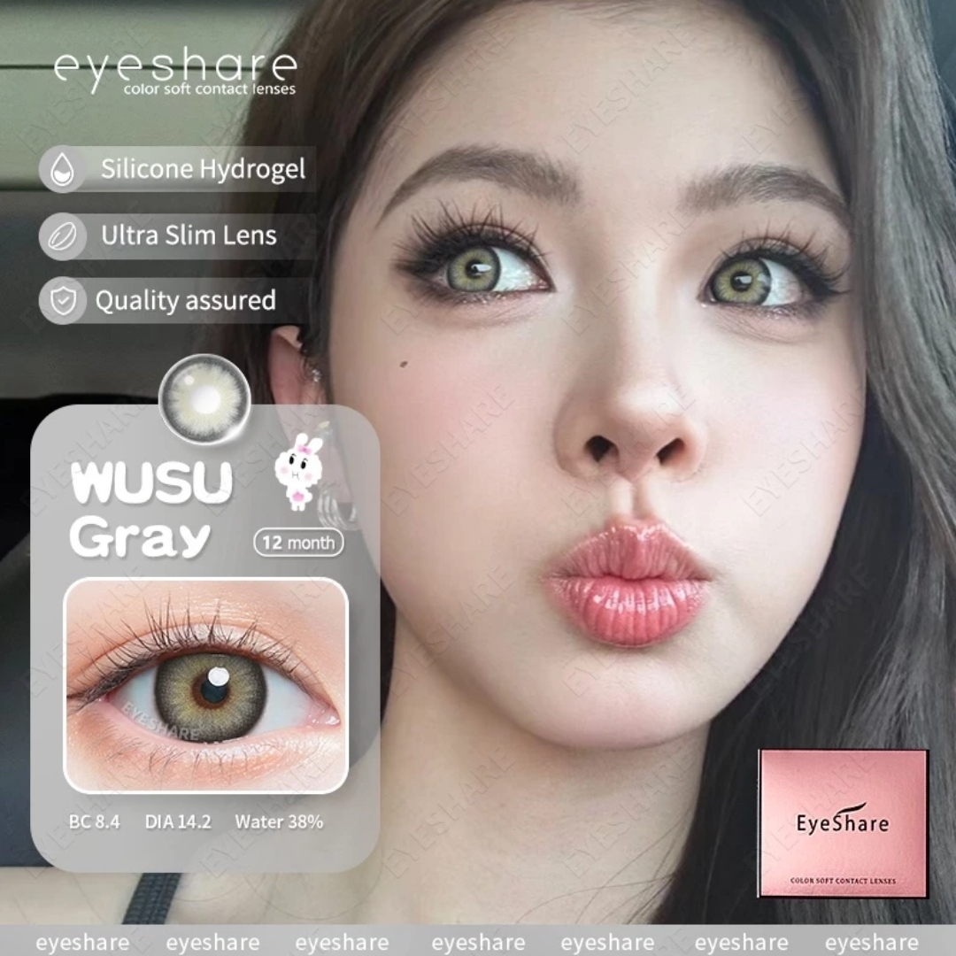 Picture of New Eyeshare Wusu Gray Color contact lens with regular kit box for men & women. 1 pair Eyeshare Color contact lens for eye makeup and Cosmetics. Eyeshare Wusu Series. #wusu