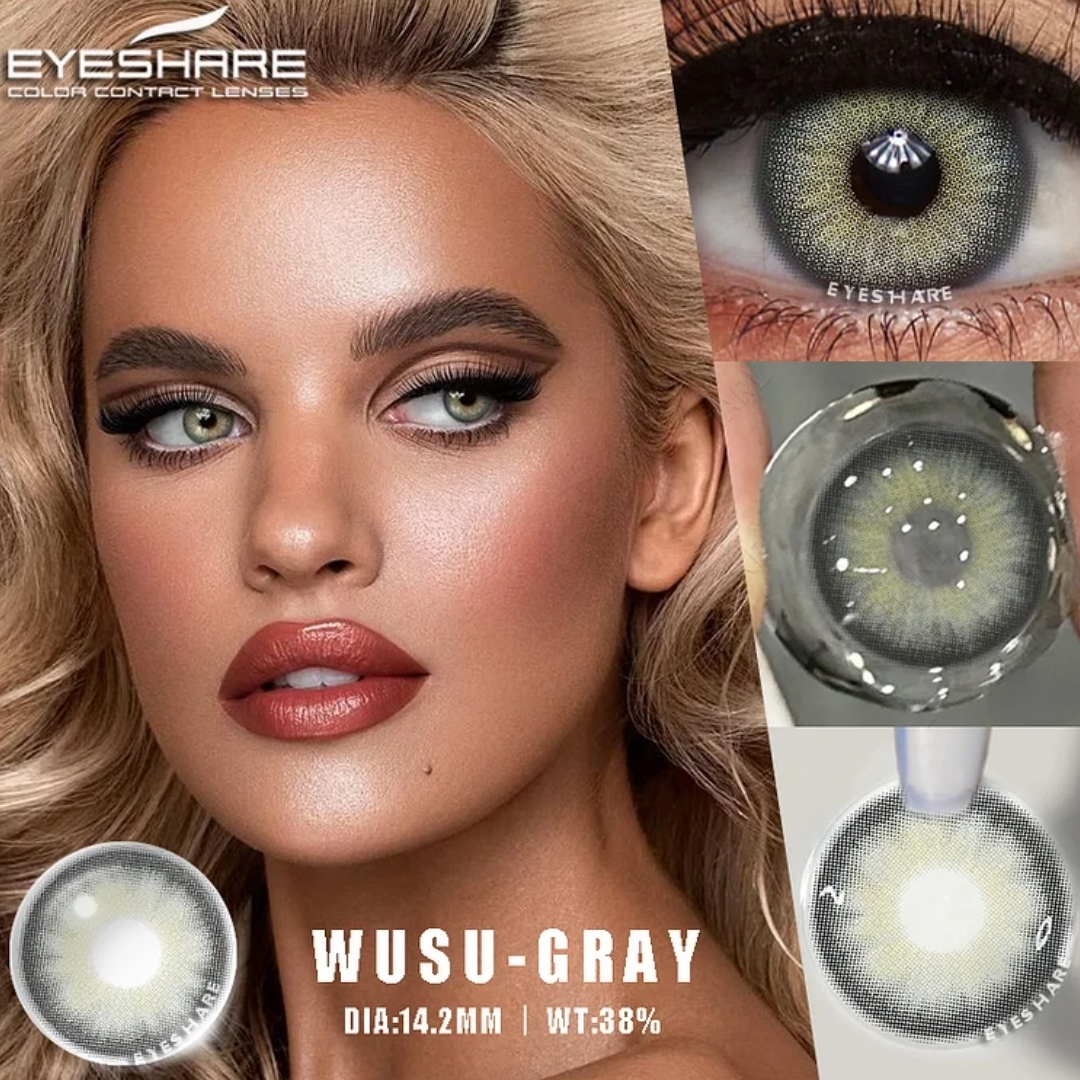 Picture of New Eyeshare Wusu Gray Color contact lens with regular kit box for men & women. 1 pair Eyeshare Color contact lens for eye makeup and Cosmetics. Eyeshare Wusu Series. #wusu