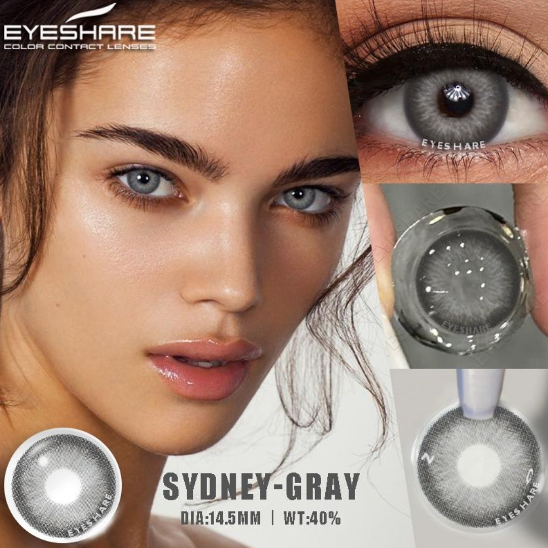 Picture of New Eyeshare Sydney Gray Color contact lens with regular kit box for men & women. 1 pair Eyeshare Color contact lens for eye makeup and Cosmetics. Eyeshare Sydney Series. #sydney