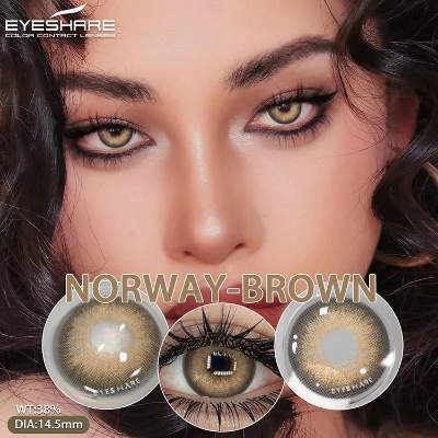 Picture of New Eyeshare Norway Brown Color contact lens with regular kit box for men & women. 1 pair Eyeshare Color contact lens for eye makeup and Cosmetics. Eyeshare Norway Series. #Norway