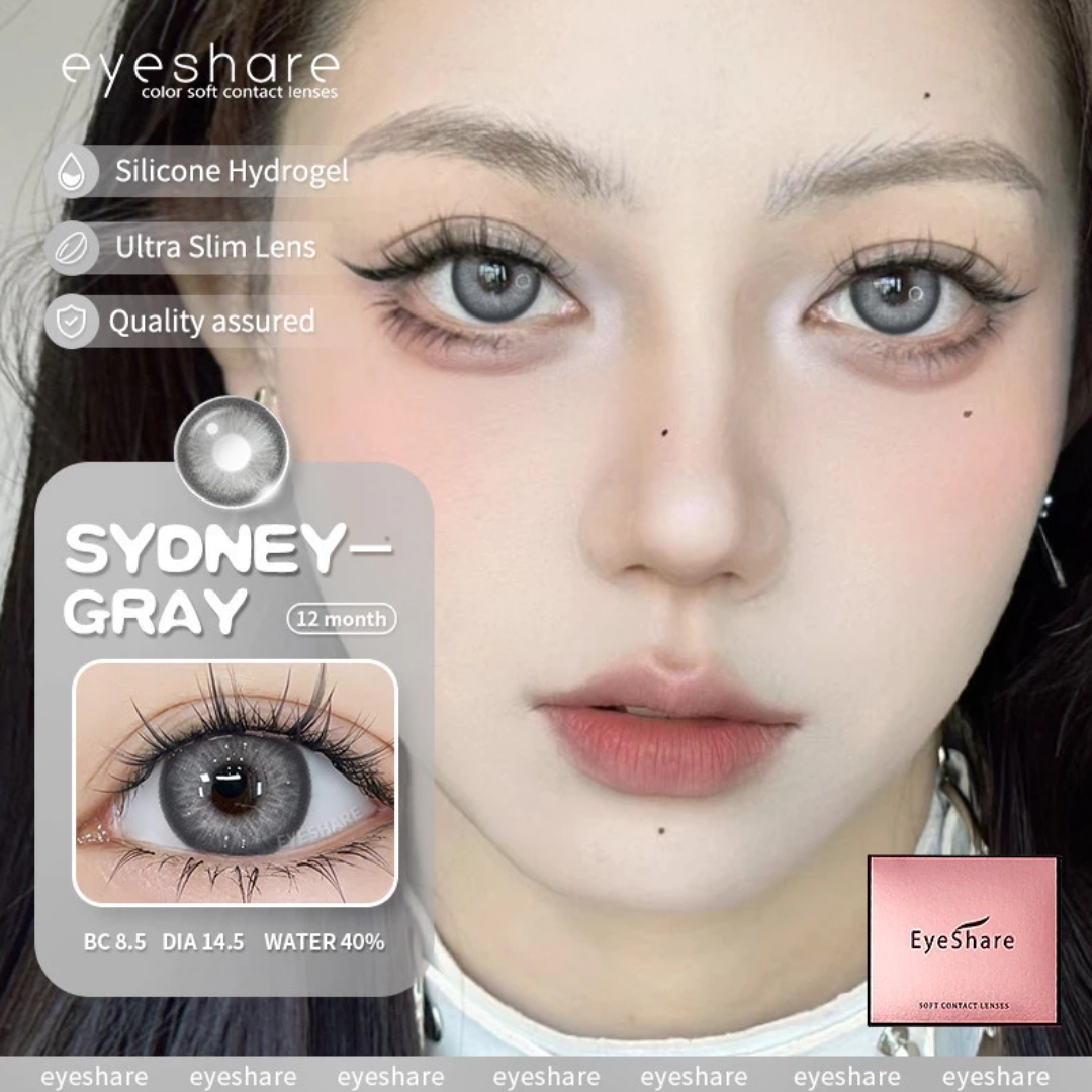 Picture of New Eyeshare Sydney Gray Color contact lens with regular kit box for men & women. 1 pair Eyeshare Color contact lens for eye makeup and Cosmetics. Eyeshare Sydney Series. #sydney