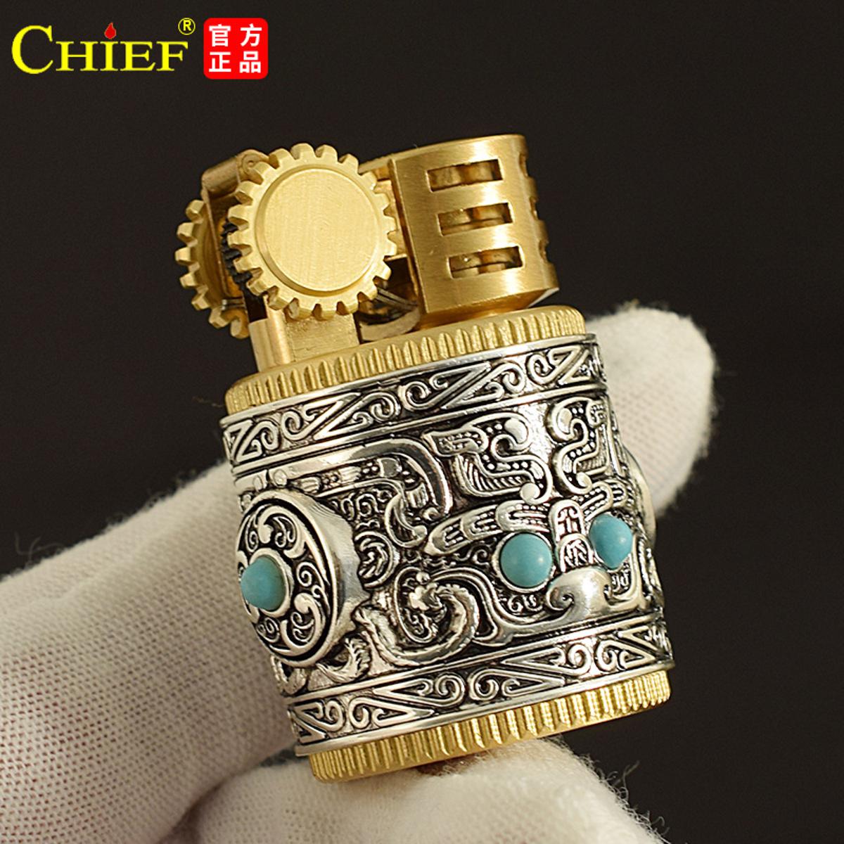Picture of Chief Kerosene Lighter Armor New Mini Compact Portable Retro Creative Old Silver Flint Wheel Ignite Men Gift Oil Machine