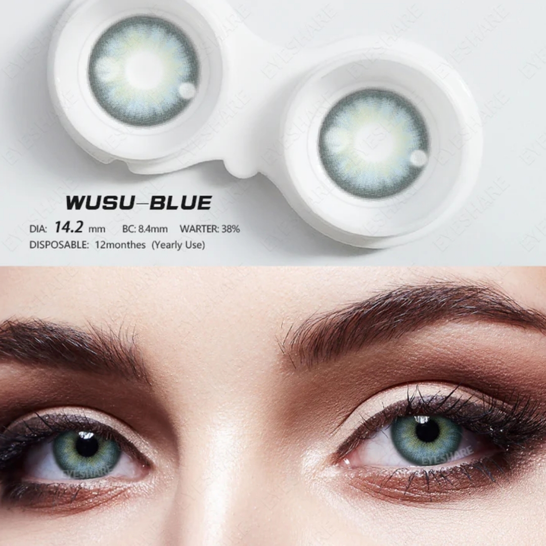 Picture of New Eyeshare Wusu Blue Color contact lens with regular kit box for men & women. 1 pair Eyeshare Color contact lens for eye makeup and Cosmetics. Eyeshare Wusu Series. #Wusu