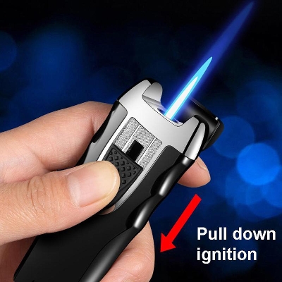 Picture of Metal Lighter Windproof Blue Flame Lighter Pull down Ignition Refillable Butane Gas Torch Jet Cigarete Lighter