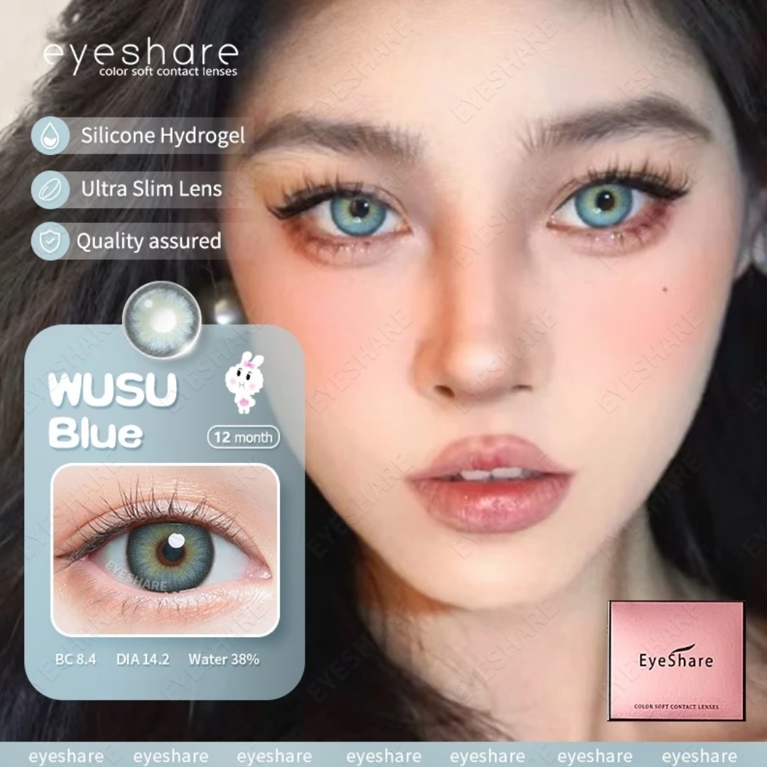 Picture of New Eyeshare Wusu Blue Color contact lens with regular kit box for men & women. 1 pair Eyeshare Color contact lens for eye makeup and Cosmetics. Eyeshare Wusu Series. #Wusu