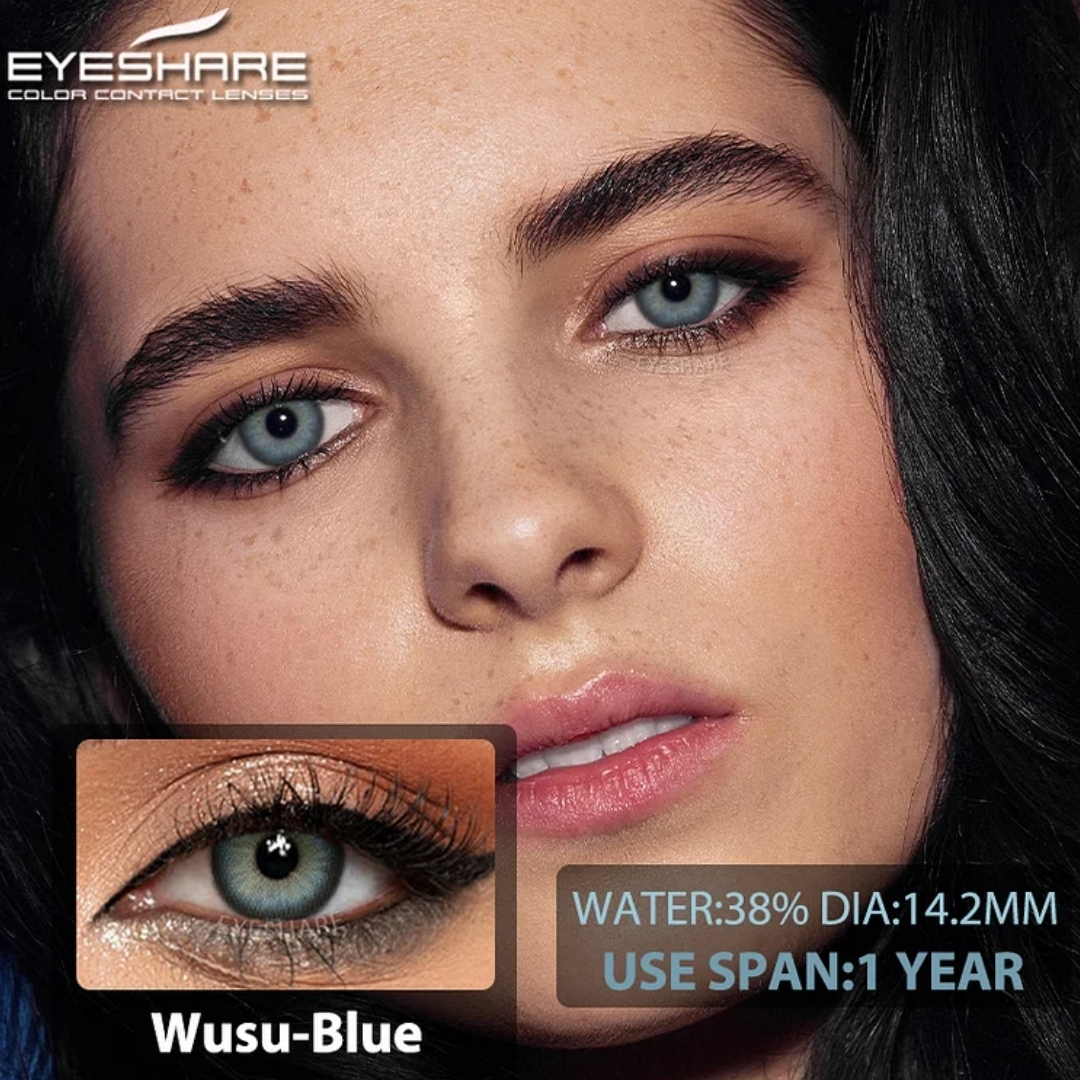 Picture of New Eyeshare Wusu Blue Color contact lens with regular kit box for men & women. 1 pair Eyeshare Color contact lens for eye makeup and Cosmetics. Eyeshare Wusu Series. #Wusu