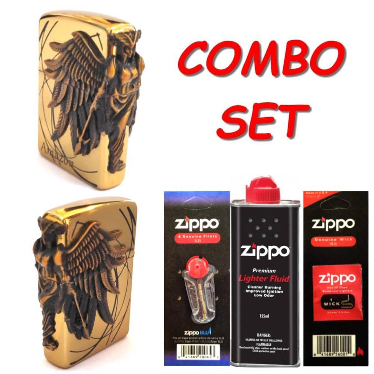 Picture of Origin al ZIPPO Set Lighter oil125ml Flints 6pcs  Wick 1pc Gold Amazon zippo oil lighter
