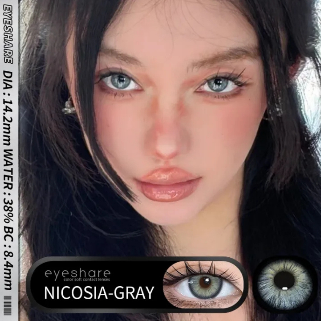 Picture of New Eyeshare Nicosia Gray Color contact lens with regular kit box for men & women. 1 pair Eyeshare Color contact lens for eye makeup and Cosmetics. Eyeshare NIcosia Series. #Nicosia