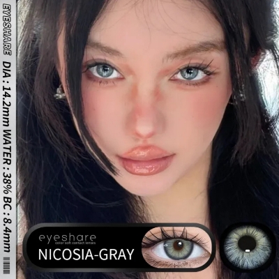 Picture of New Eyeshare Nicosia Gray Color contact lens with regular kit box for men & women. 1 pair Eyeshare Color contact lens for eye makeup and Cosmetics. Eyeshare NIcosia Series. #Nicosia