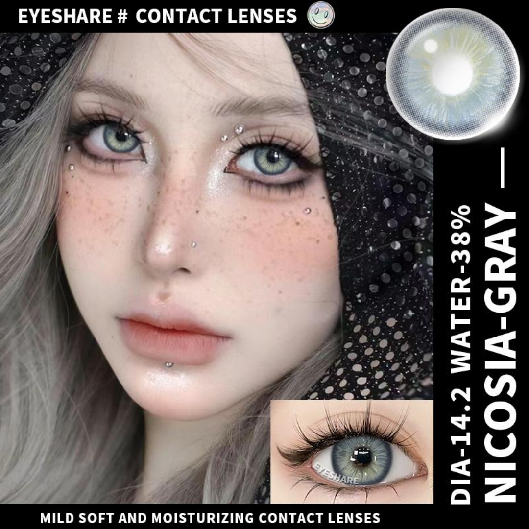 Picture of New Eyeshare Nicosia Gray Color contact lens with regular kit box for men & women. 1 pair Eyeshare Color contact lens for eye makeup and Cosmetics. Eyeshare NIcosia Series. #Nicosia