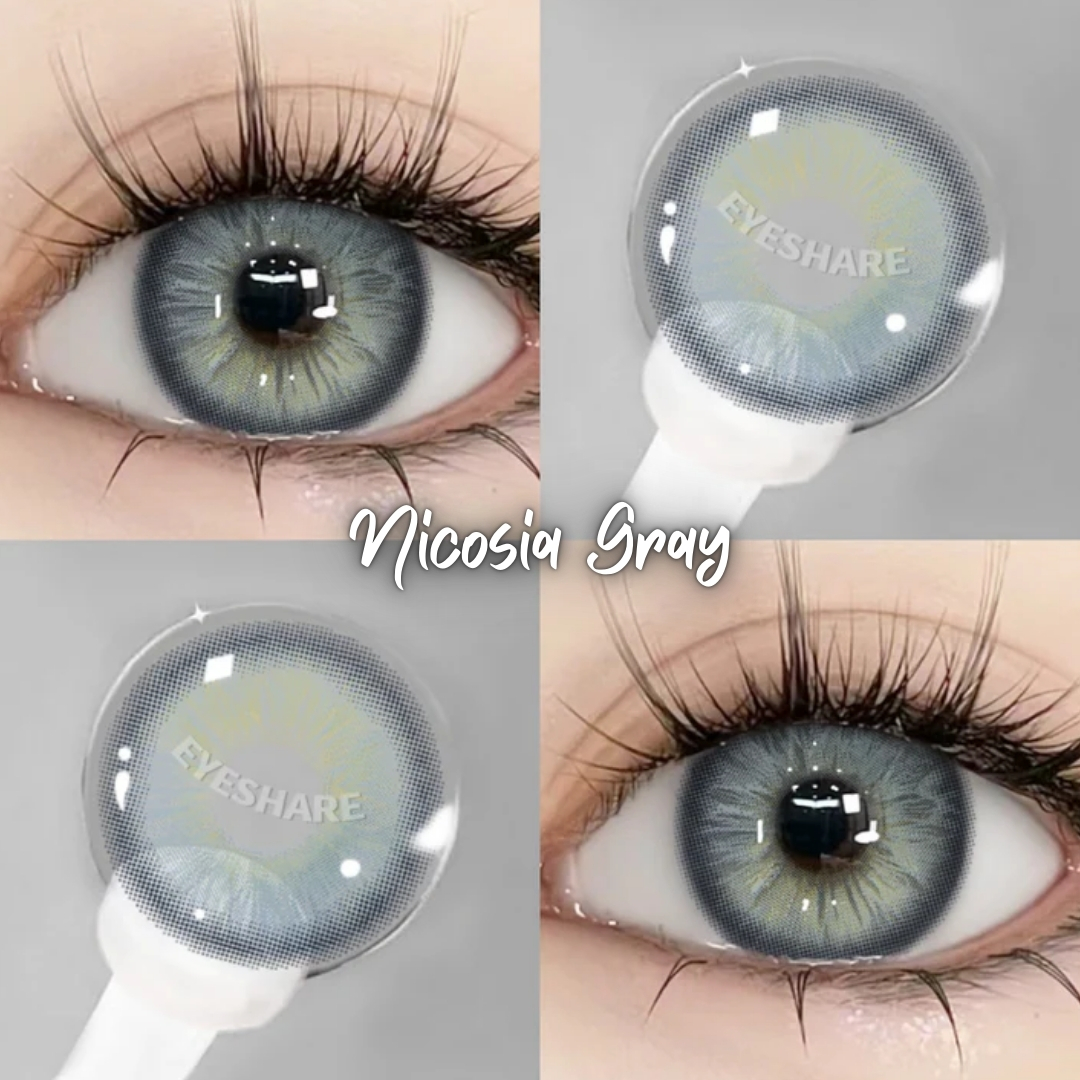 Picture of New Eyeshare Nicosia Gray Color contact lens with regular kit box for men & women. 1 pair Eyeshare Color contact lens for eye makeup and Cosmetics. Eyeshare NIcosia Series. #Nicosia