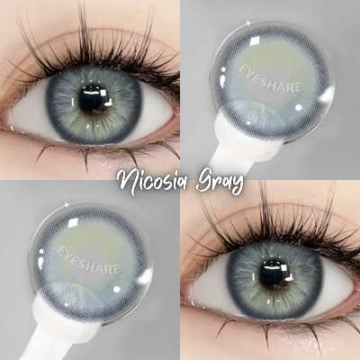 Picture of New Eyeshare Nicosia Gray Color contact lens with regular kit box for men & women. 1 pair Eyeshare Color contact lens for eye makeup and Cosmetics. Eyeshare NIcosia Series. #Nicosia