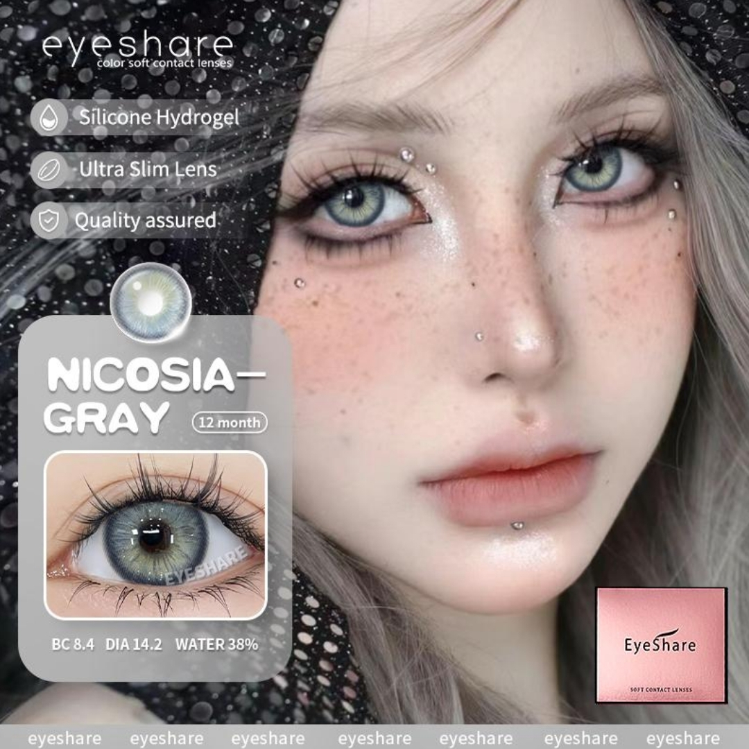 Picture of New Eyeshare Nicosia Gray Color contact lens with regular kit box for men & women. 1 pair Eyeshare Color contact lens for eye makeup and Cosmetics. Eyeshare NIcosia Series. #Nicosia