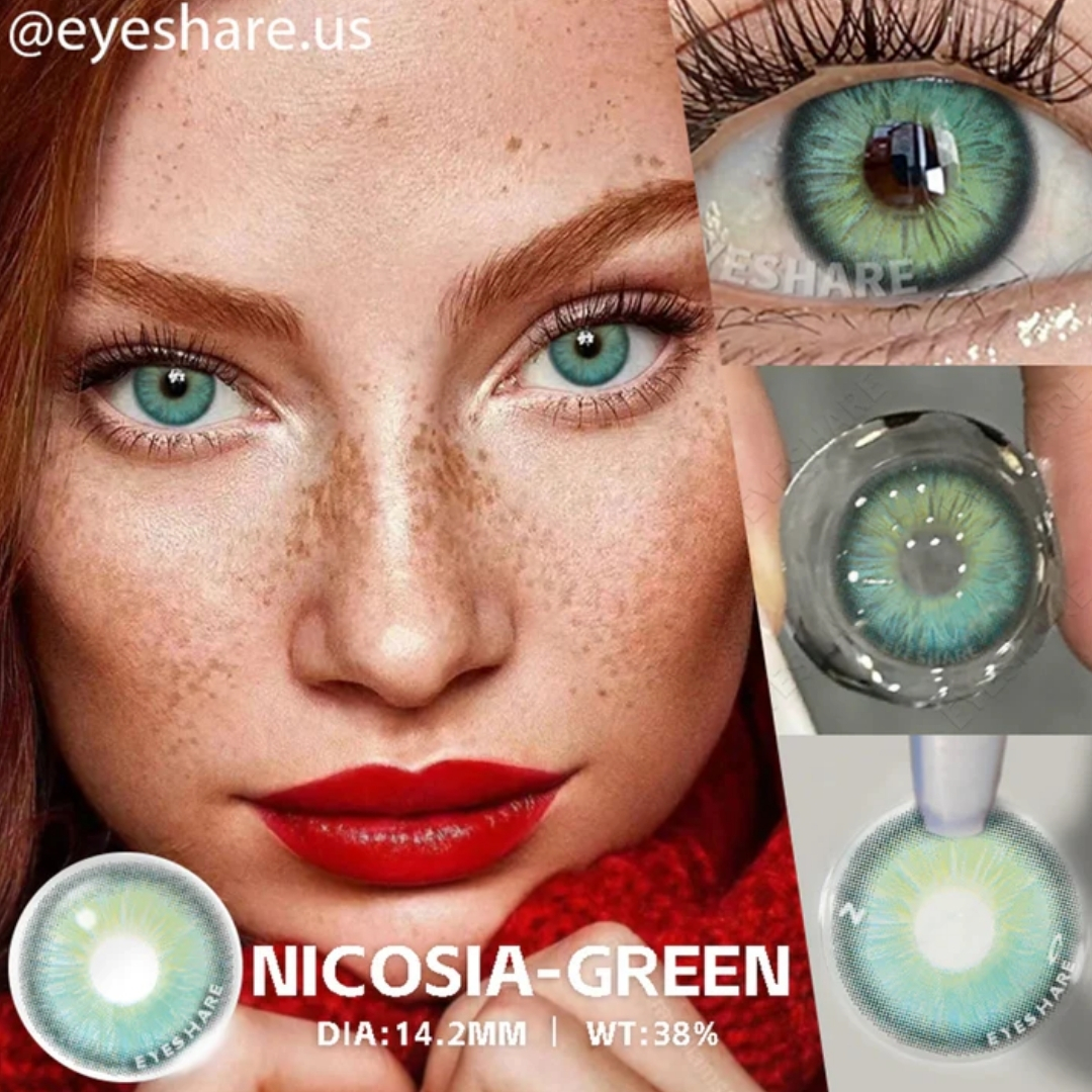 Picture of New Eyeshare Nicosia Green Color contact lens with regular kit box for men & women. 1 pair Eyeshare Color contact lens for eye makeup and Cosmetics. Eyeshare NIcosia Series. #Nicosia