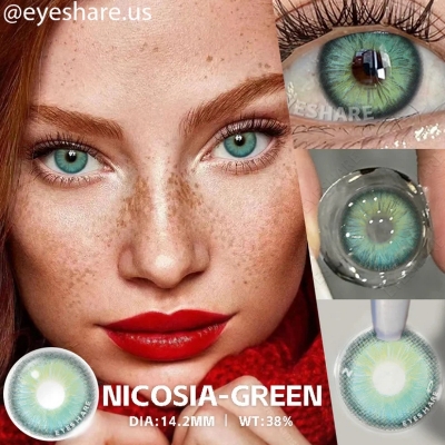Picture of New Eyeshare Nicosia Green Color contact lens with regular kit box for men & women. 1 pair Eyeshare Color contact lens for eye makeup and Cosmetics. Eyeshare NIcosia Series. #Nicosia