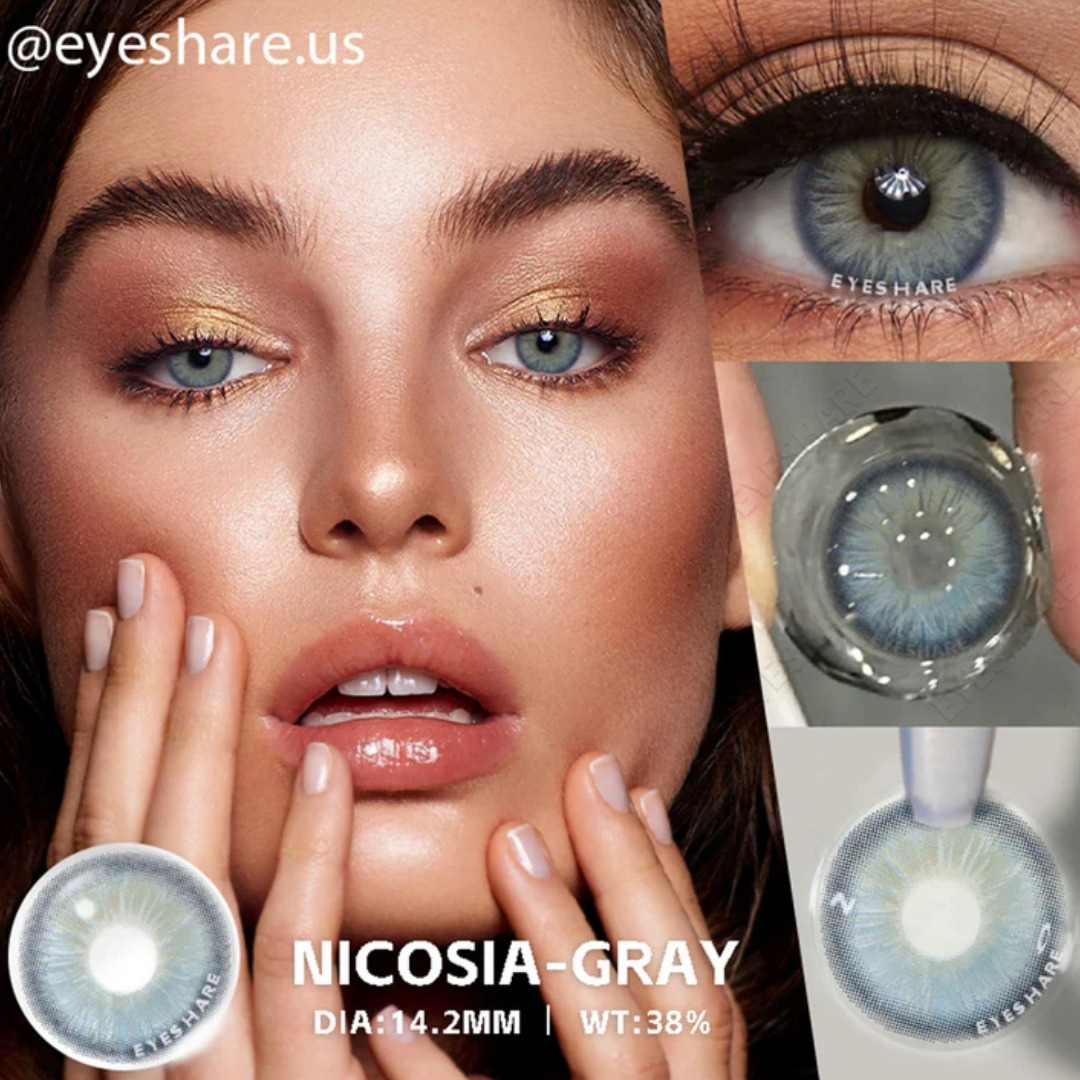 Picture of New Eyeshare Nicosia Gray Color contact lens with regular kit box for men & women. 1 pair Eyeshare Color contact lens for eye makeup and Cosmetics. Eyeshare NIcosia Series. #Nicosia