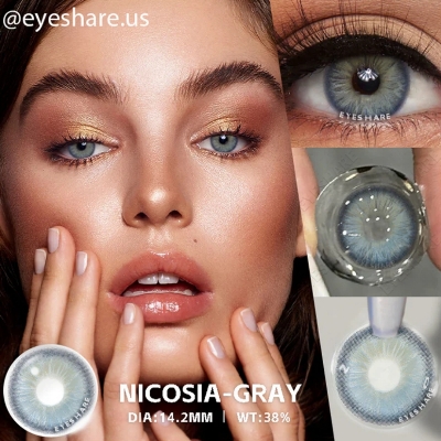 Picture of New Eyeshare Nicosia Gray Color contact lens with regular kit box for men & women. 1 pair Eyeshare Color contact lens for eye makeup and Cosmetics. Eyeshare NIcosia Series. #Nicosia