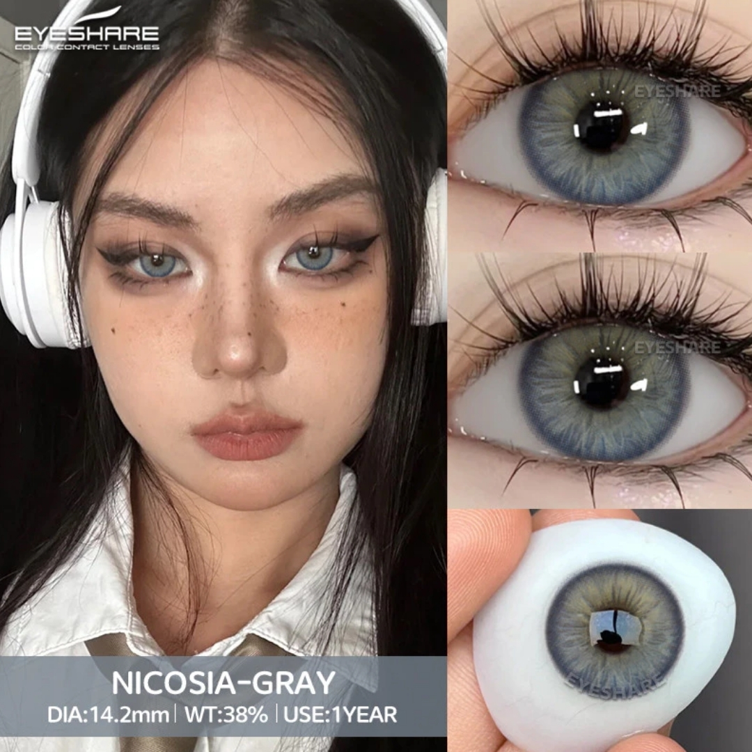 Picture of New Eyeshare Nicosia Gray Color contact lens with regular kit box for men & women. 1 pair Eyeshare Color contact lens for eye makeup and Cosmetics. Eyeshare NIcosia Series. #Nicosia