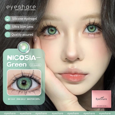 Picture of New Eyeshare Nicosia Green Color contact lens with regular kit box for men & women. 1 pair Eyeshare Color contact lens for eye makeup and Cosmetics. Eyeshare NIcosia Series. #Nicosia