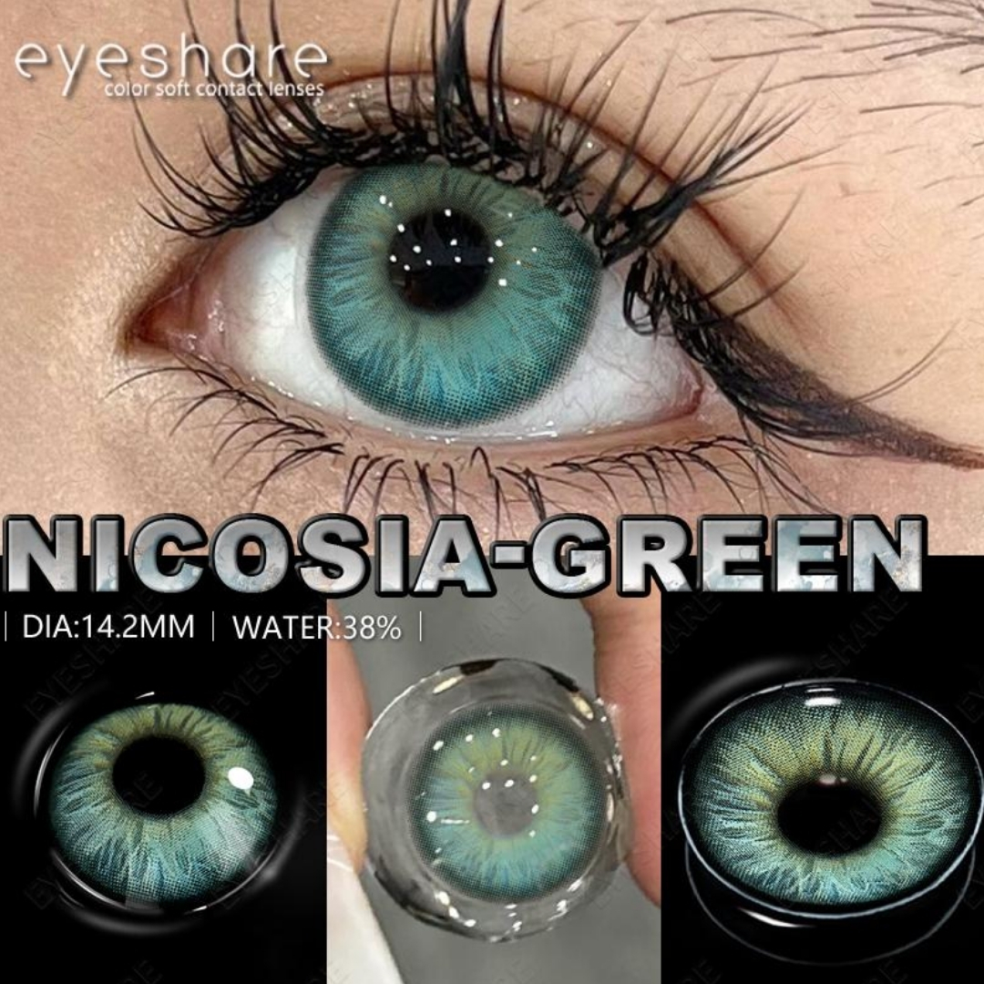 Picture of New Eyeshare Nicosia Green Color contact lens with regular kit box for men & women. 1 pair Eyeshare Color contact lens for eye makeup and Cosmetics. Eyeshare NIcosia Series. #Nicosia