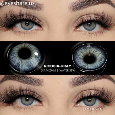 Picture of New Eyeshare Nicosia Gray Color contact lens with regular kit box for men & women. 1 pair Eyeshare Color contact lens for eye makeup and Cosmetics. Eyeshare NIcosia Series. #Nicosia