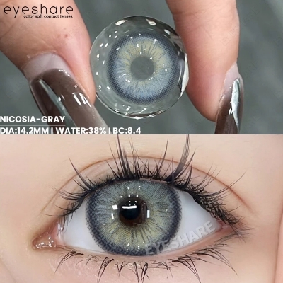 Picture of New Eyeshare Nicosia Gray Color contact lens with regular kit box for men & women. 1 pair Eyeshare Color contact lens for eye makeup and Cosmetics. Eyeshare NIcosia Series. #Nicosia