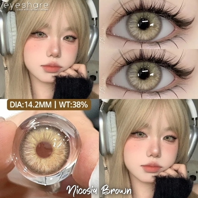 Picture of New Eyeshare Nicosia Brown Color contact lens with regular kit box for men & women. 1 pair Eyeshare Color contact lens for eye makeup and Cosmetics. Eyeshare NIcosia Series. #Nicosia