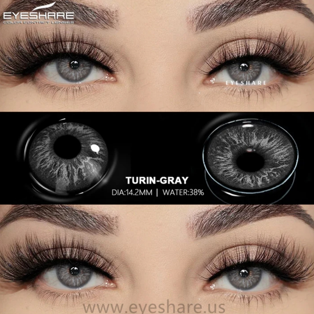 Picture of New Eyeshare Turin Gray Color contact lens with regular kit box for men & women. 1 pair Eyeshare Color contact lens for eye makeup and Cosmetics. Eyeshare Turin Series. #Turin