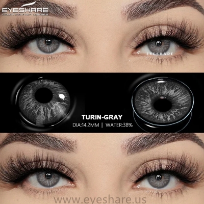 Picture of New Eyeshare Turin Gray Color contact lens with regular kit box for men & women. 1 pair Eyeshare Color contact lens for eye makeup and Cosmetics. Eyeshare Turin Series. #Turin