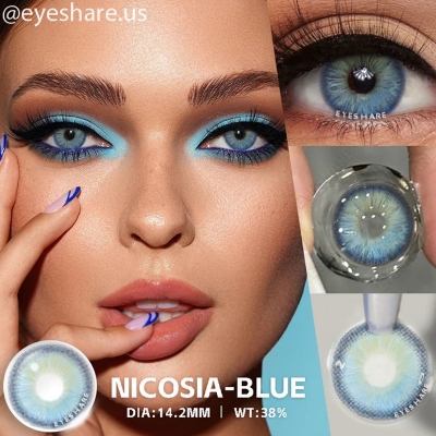 Picture of New Eyeshare Nicosia Blue Color contact lens with regular kit box for men & women. 1 pair Eyeshare Color contact lens for eye makeup and Cosmetics. Eyeshare NIcosia Series. #Nicosia