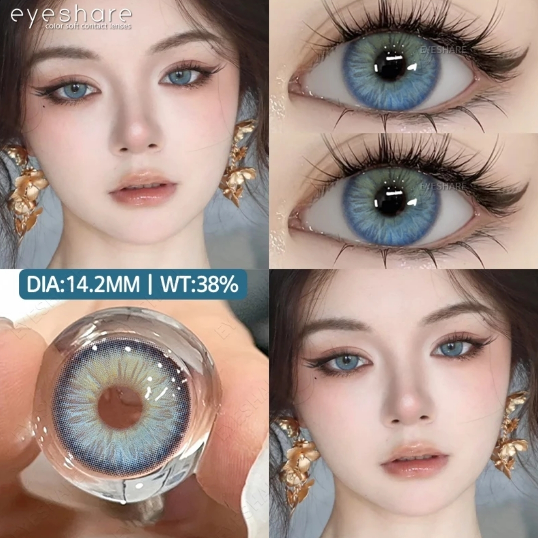 Picture of New Eyeshare Nicosia Blue Color contact lens with regular kit box for men & women. 1 pair Eyeshare Color contact lens for eye makeup and Cosmetics. Eyeshare NIcosia Series. #Nicosia